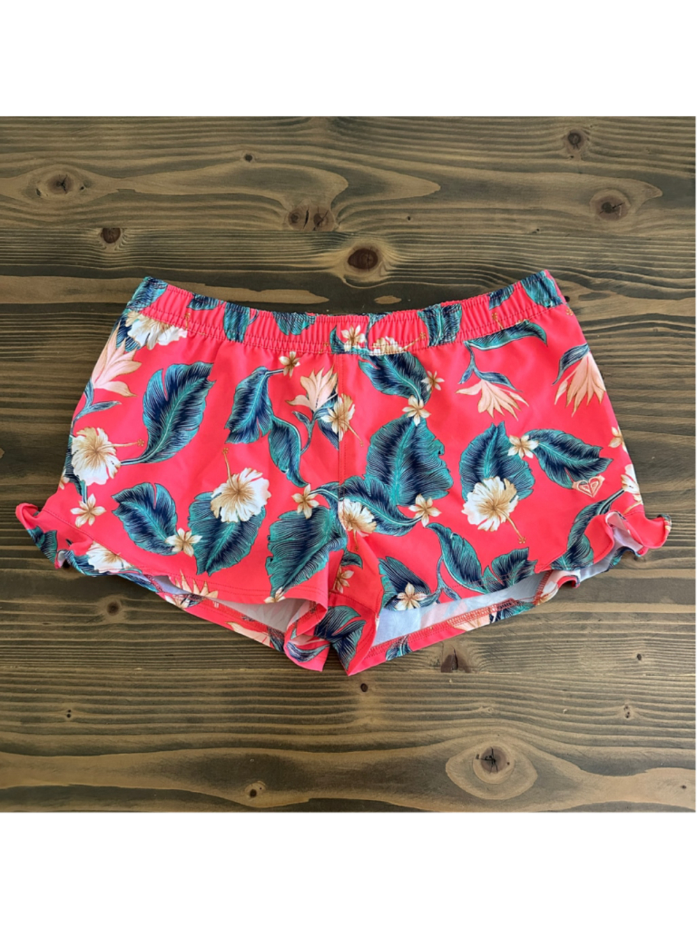 Girls Roxy Floral Shorts Size XL 14 Red Green Tropical Print Ruffle Hem